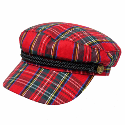 Women’s Baker Boy Captain Cap – Red Tartan Check Peaked Hat