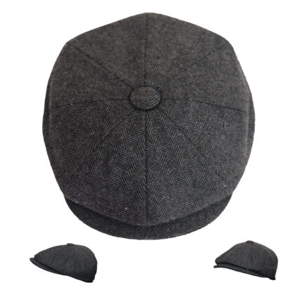 Men’s Hand Woven Dark Grey Wool Newsboy Cap 8 Panels Herringbone Flat Hat Classic Grey Brown Wool Herringbone Newsboy Cap Heritage Bakerboy Peak Hat