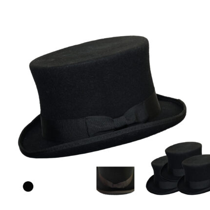 Black Top Short Crown  Hat Satin Finish Hard Rigid Design with Satin Ribbon Wool Top Hat for Men Satin Lined Topper Hat
