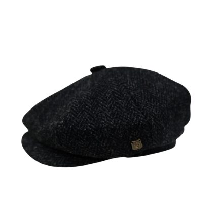 Scott&Gibson Harris Tweed Baker Boy Cap  British Made Arran Traditional Black Herringbone Cap 100% Wool in 5 Sizes Outer Hebrides of Scotland