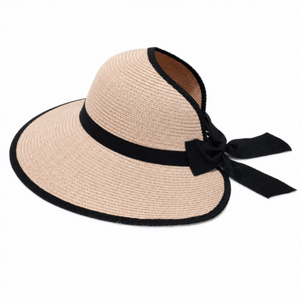 Women’s Wide Brim Straw Sun Hat with Ribbon Bow – Creamy Pink