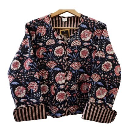 Quilted Jacket – Handmade Navy Pink Velvet Coat 100% Cotton , Reversable  Indian Made -Soft and light weight