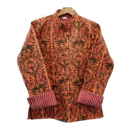 Quilted Jacket – Handmade Orange Velvet Coat 100% Cotton , Reversable  Indian Made -Soft and light weight