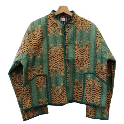 Quilted Jacket – Handmade Green Tiger Velvet Coat 100% Cotton , Reversable  Indian Made -Soft and light weight