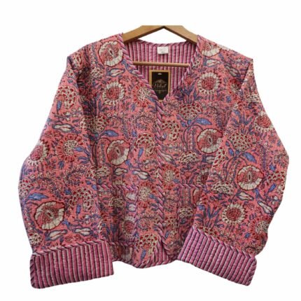 Quilted Jacket – Handmade Pink Garden Velvet Coat 100% Cotton , Reversable  Indian Made -Soft and light weight