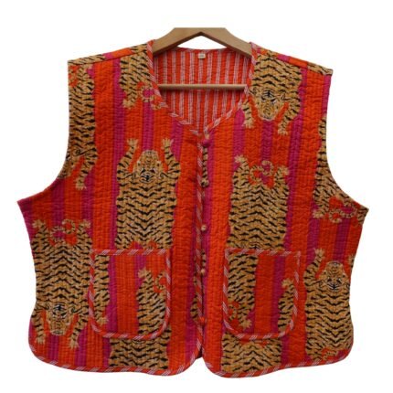 Half Quilted Jacket – Handmade  Orange Tiger  Velvet Coat 100% Cotton , Reversable  Indian Made -Soft and light weight