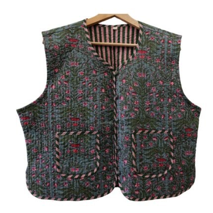 Half Quilted Jacket – Handmade  Green-Purple  Velvet Coat 100% Cotton , Reversable  Indian Made -Soft and light weight
