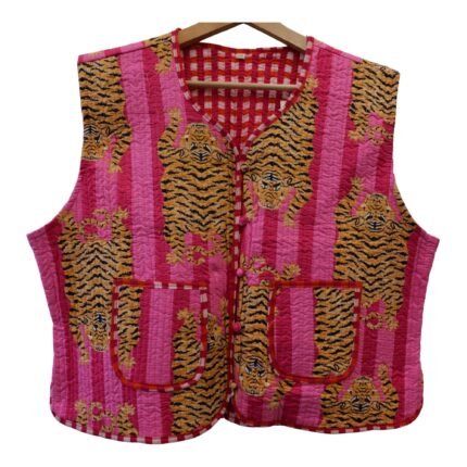 Half Quilted Jacket – Handmade  Pink Tiger  Velvet Coat 100% Cotton , Reversable  Indian Made -Soft and light weight