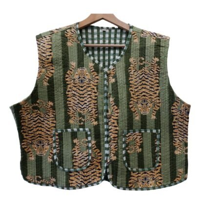 Half Quilted Jacket – Handmade Green Tiger  Velvet Coat 100% Cotton , Reversable  Indian Made -Soft and light weight