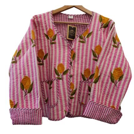 Quilted Jacket – Handmade Pink Lemon Velvet Coat 100% Cotton , Reversable  Indian Made -Soft and light weight