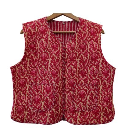 Half Quilted Jacket – Handmade Red Pink Velvet Coat 100% Cotton , Reversable  Indian Made -Soft and light weight