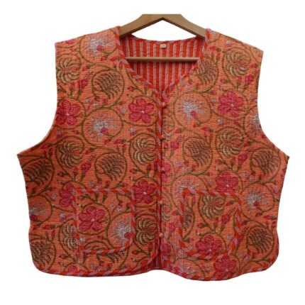 Half Quilted Jacket – Handmade Dark Orange Velvet Coat 100% Cotton , Reversable  Indian Made -Soft and light weight