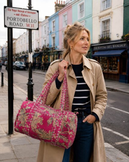 Duffle Bag Notting Hill Quilted Medium Modern Handmade: Quilted Travel Bag, Indian Making Quilted Tote Bags, 100% Cotton Eco Friendly Duffle Bags, Vintage Shoulder Bag, Women’s Carry Bag