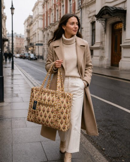 Notting Hill Quilted Medium Modern Handmade Tote Bag, Indian Making Quilted Tote Bags, 100% Cotton Eco Friendly Shopper Bags, Vintage Shoulder Bag, Women’s Carry Bag