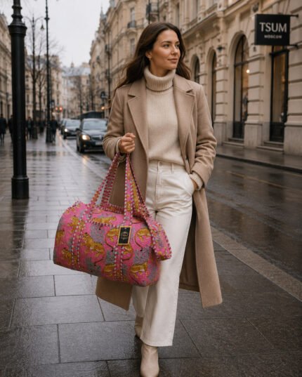 Duffle Bag Notting Hill Quilted Medium Modern Handmade: Quilted Travel Bag, Indian Making Quilted Tote Bags, 100% Cotton Eco Friendly Duffle Bags, Vintage Shoulder Bag, Women’s Carry Bag
