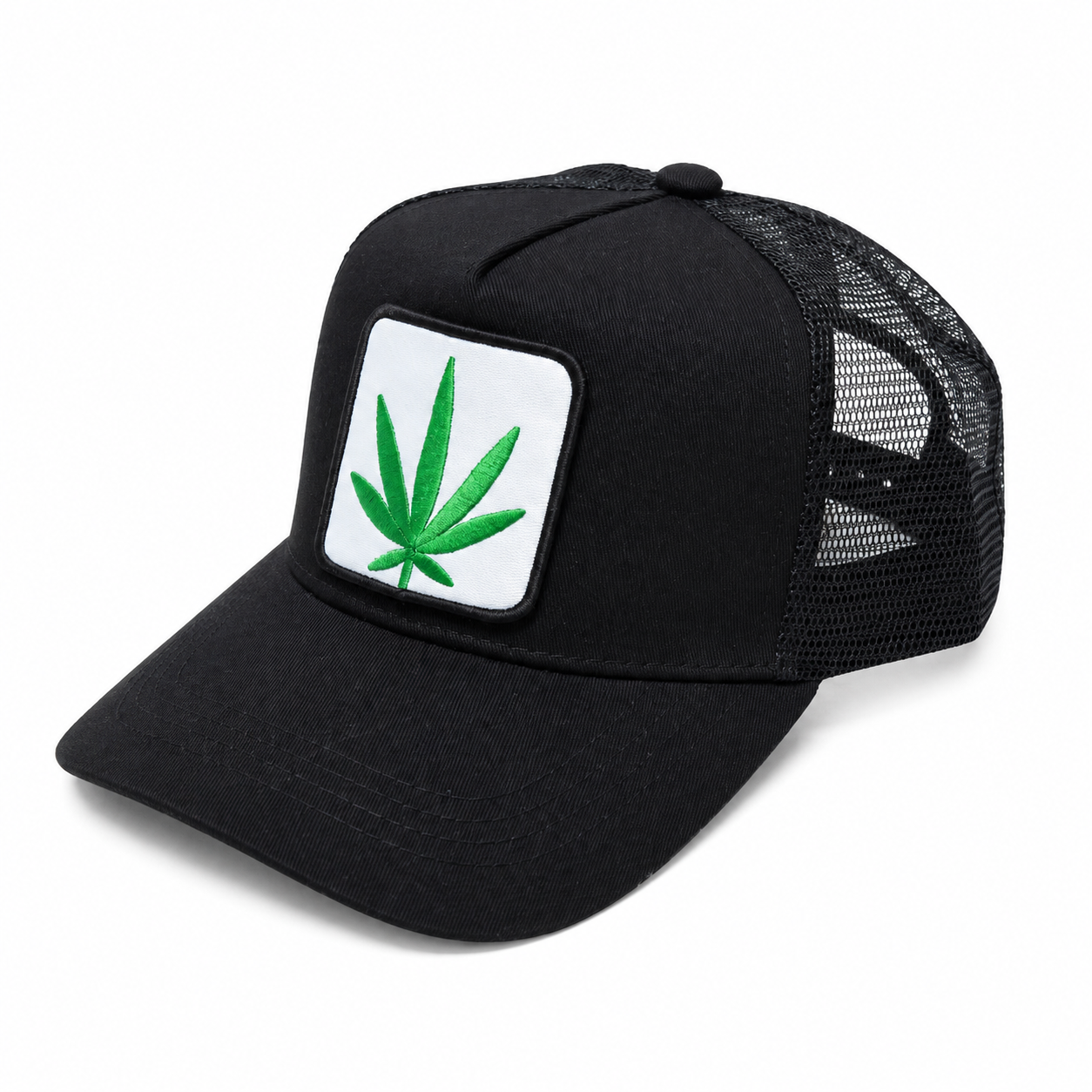 Black Trucker Cap with Green Leaf Embroidered Patch